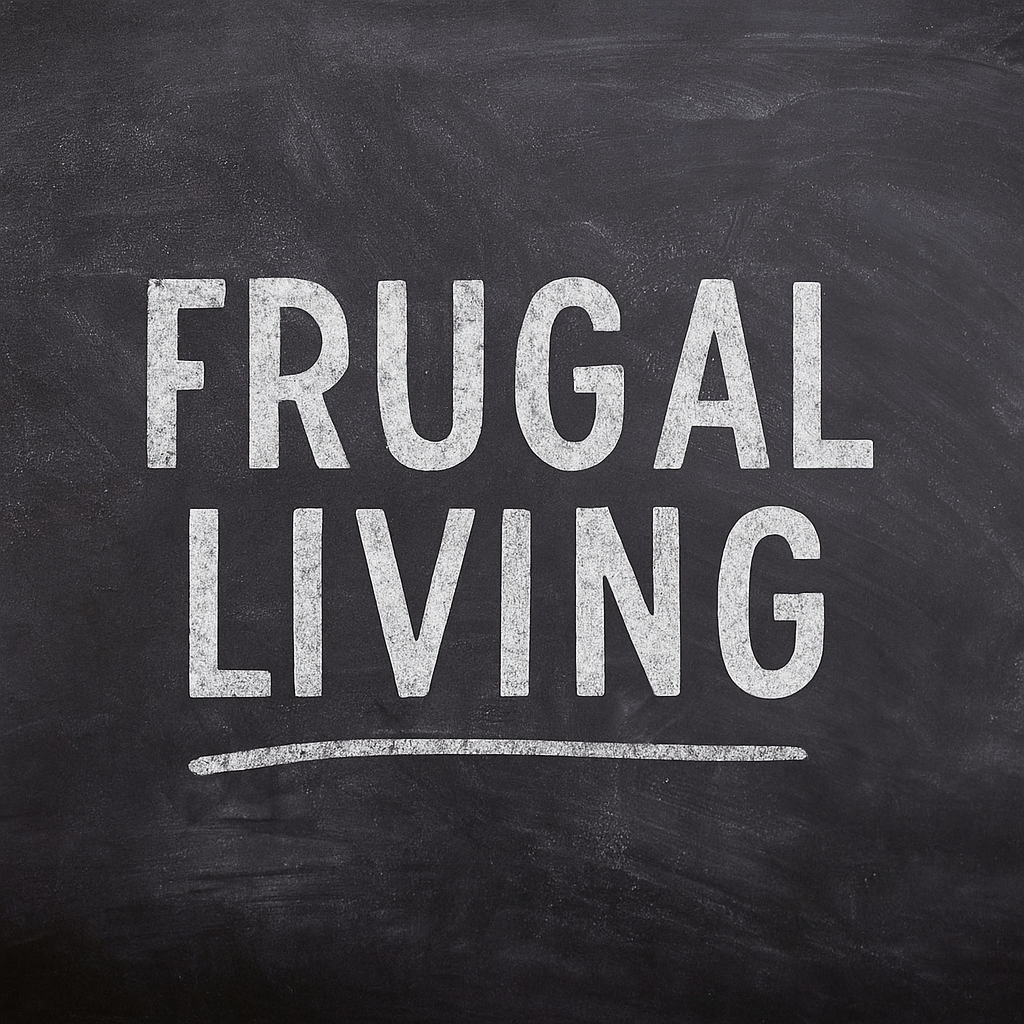 A chalkboard with the words “FRUGAL LIVING” written in all caps across the center in white chalk lettering, representing a grounded, intentional approach to money management.
