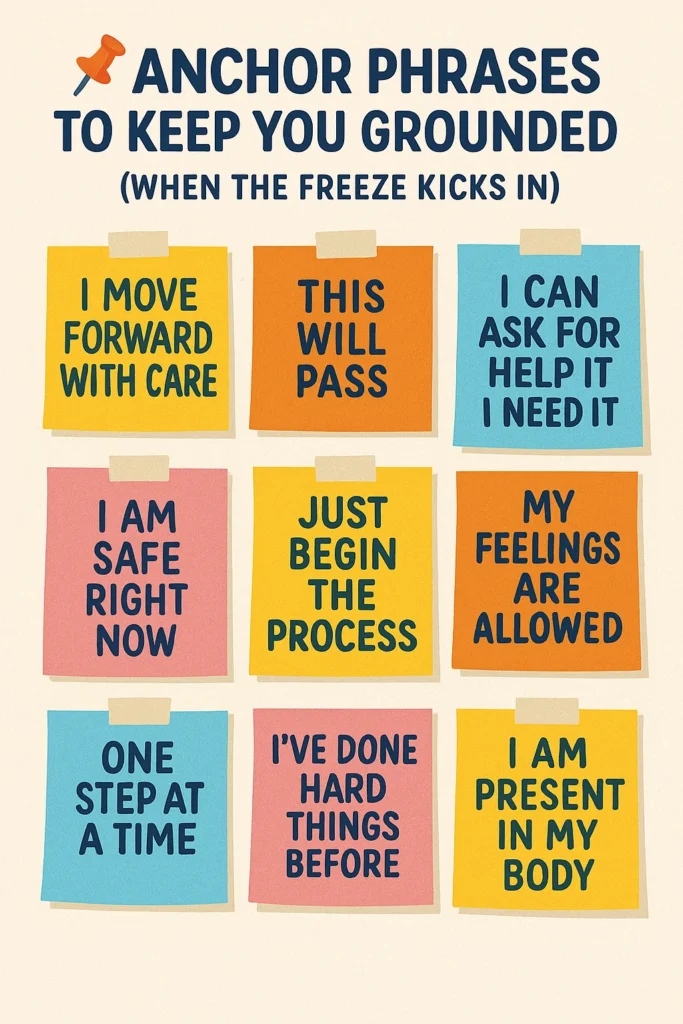 A grid of nine colorful sticky notes with grounding anchor phrases like ‘I move forward with care,’ ‘Just begin the process,’ and ‘I am present in my body