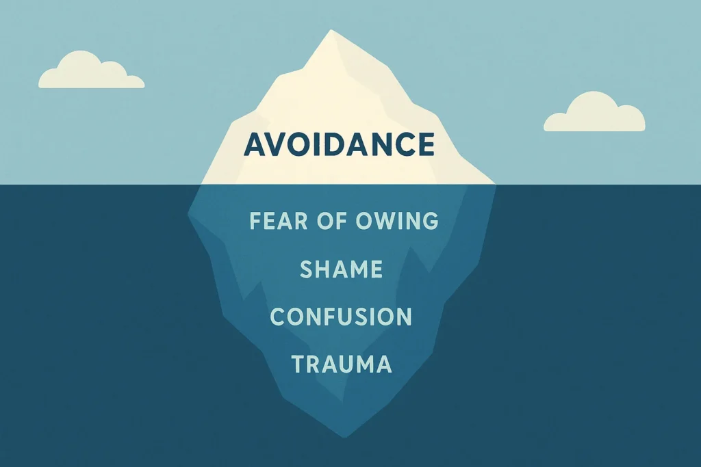 An iceberg labeled Avoidance above the surface, with Fear of Owing, Shame, Confusion, and Trauma below.