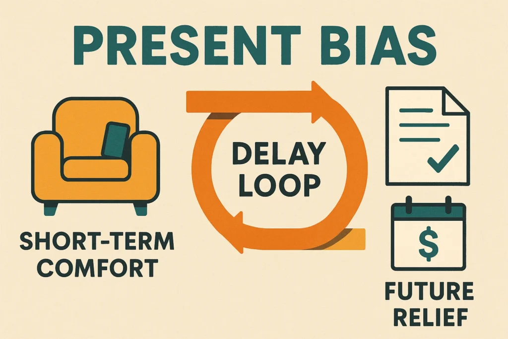 Infographic showing Present Bias: short-term comfort on one side, delay loop in the middle, and future relief on the other, with clean flat icons.