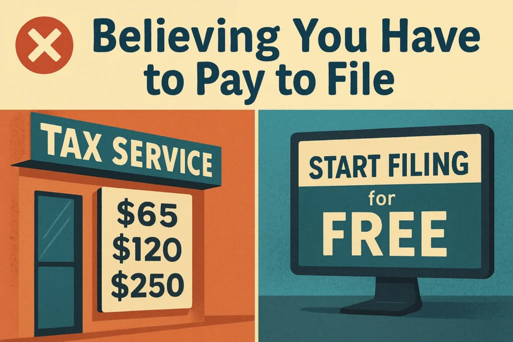Side-by-side graphic showing a paid tax service with listed fees and a monitor that reads Start Filing for Free.