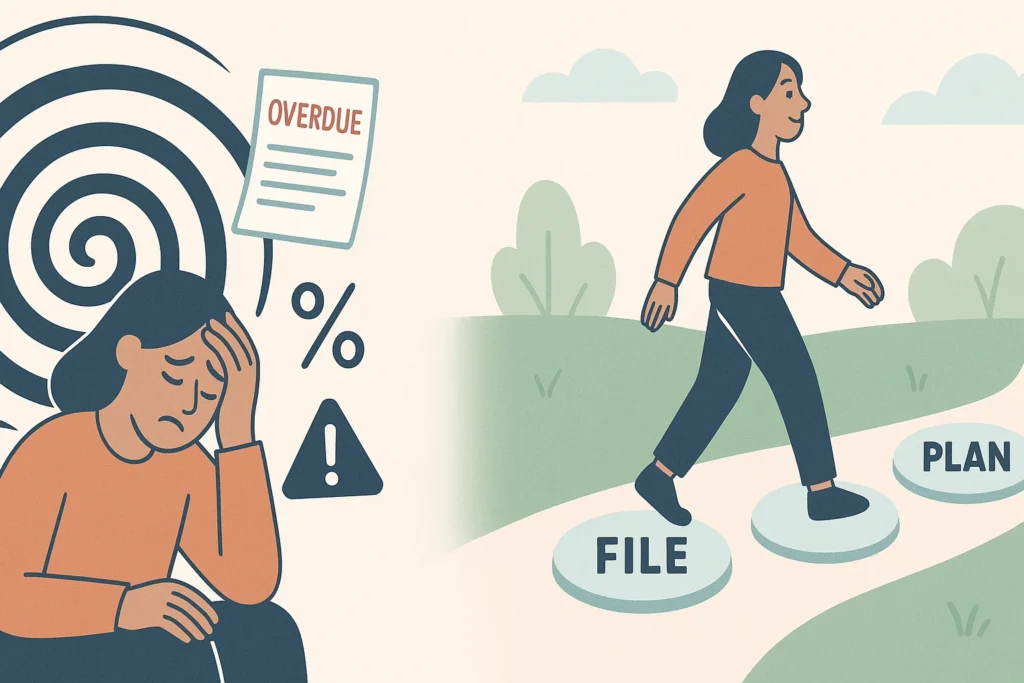 Split image showing a stressed person surrounded by overdue notices on the left, and the same person walking confidently on stepping stones labeled File and Plan on the right.