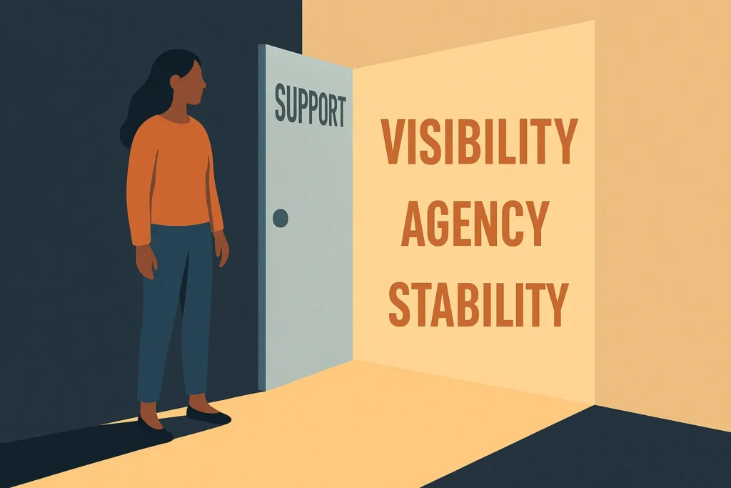 “A woman stands in the shadows next to an open door labeled SUPPORT, looking into a warmly lit room with the words VISIBILITY, AGENCY, and STABILITY.