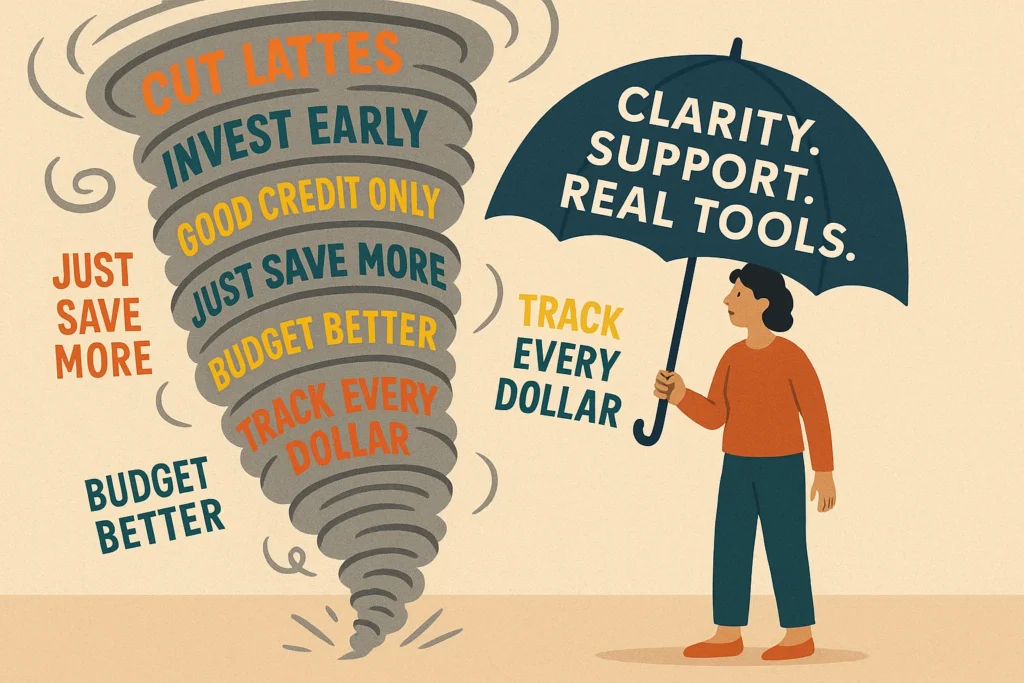 Flat-style illustration of a person shielding themselves with an umbrella labeled ‘Clarity. Support. Real Tools.’ as a tornado of financial clichés like ‘Cut Lattes’ and ‘Budget Better’ swirls nearby.”