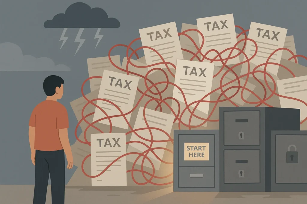 A person faces a towering wall of tax documents and tangled wires, with one drawer labeled ‘Start Here